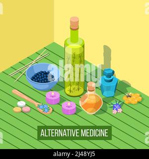 Médecine alternative composition isométrique avec des éléments de l'homéopathie apithérapie acupuncture illustration du vecteur de guérison de la phytothérapie par aromathérapie Illustration de Vecteur