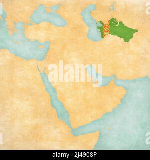 Turkménistan (drapeau turkmène) sur la carte du Moyen-Orient (Asie occidentale) en grunge douce et de style vintage, comme le vieux papier avec aquarelle. Banque D'Images