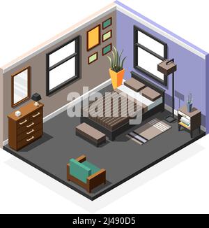 Composition intérieure isométrique d'une chambre simple avec grand mobilier de lit et deux fenêtres dans une illustration vectorielle de parois séparées Illustration de Vecteur