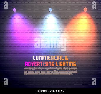 Effets de lumière colorés pour une utilisation commerciale et une affiche d'éclairage publicitaire illustration vectorielle sur fond de mur de briques Illustration de Vecteur