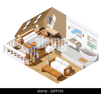 Intérieur d'appartement composition isométrique avec salle de bains de couleur blanche, salon, chambre avec fenêtres en illustration vectorielle de toit Illustration de Vecteur