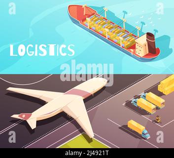 Compositions horizontales logistiques isométriques avec vues du navire de cargaison illustration du vecteur sur la mer et l'avion de transport Illustration de Vecteur