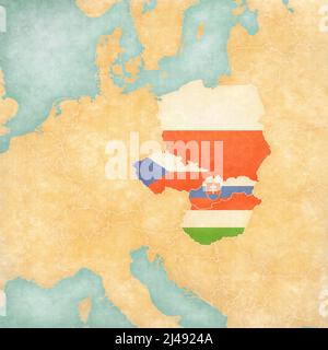 Groupe de Visegrad (drapeaux des pays) sur la carte de l'Europe centrale en grunge douce et de style vintage, comme le vieux papier avec aquarelle. Banque D'Images