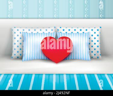 Oreillers placés sur le lit par tête de lit composition réaliste avec rayures illustration du vecteur de coussin en forme de coeur et de couvre-lit Illustration de Vecteur