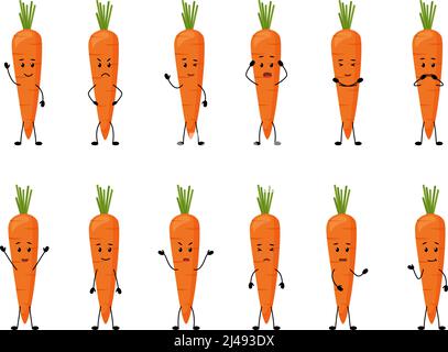 Carotte. Personnages de légumes mignons avec des émotions différentes, illustration vectorielle Illustration de Vecteur