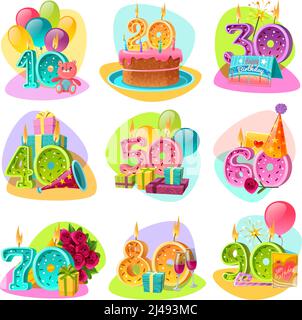 Numéros de bougie anniversaire pour gâteau d'anniversaire avec accessoires de fête et cadeaux rétro ensemble isolé illustration vectorielle Illustration de Vecteur