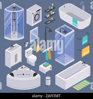 Salle de bains toilettes lavabo unités baignoires cabines de douche cabines meubles accessoires ensemble isométrique par rapport à l'illustration vectorielle d'arrière-plan sombre Illustration de Vecteur