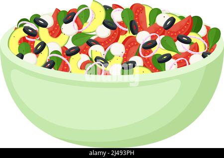 Salade maison de légumes frais, légumes verts, avocat, mozzarella et olives. Une alimentation saine. Repas végétarien. Illustration vectorielle Illustration de Vecteur