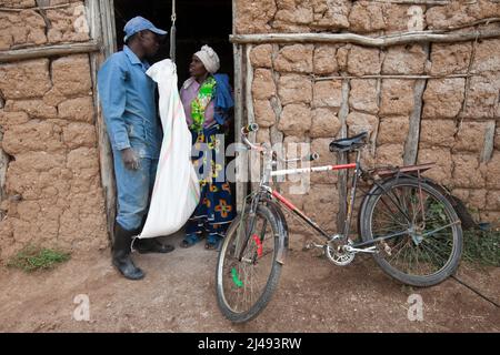 Epiphanie a ses trois kilos de graines de tournesol moulues pour 50 francs par kilo. Elle utilisera la farine comme sauce pour les haricots. Epiphanie Mukamusoni, 60 ans, est une veuve avec deux filles adultes et un petit-enfant, secteur Mbazi, Huye. Epiphanie a obtenu une vache du programme ARDI. Le fumier de la vache lui a aidé à produire une meilleure récolte. L'invollement avec le programme a également mis en contact plus étroit avec les gens. Photo de Mike Goldwater Banque D'Images