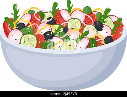 Salade maison de légumes frais, de légumes verts et d'olives. Une alimentation saine. Repas végétalien ou végétarien. Illustration vectorielle Illustration de Vecteur