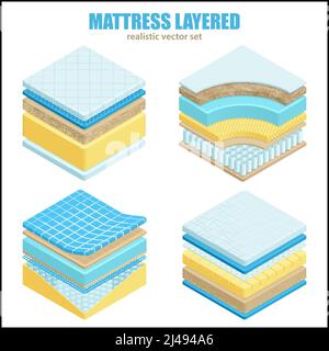 Ensemble orthopédique de différentes couches de matelas de lit de matériau et de structure pour une position de sommeil correcte de la colonne vertébrale, illustration vectorielle réaliste Illustration de Vecteur