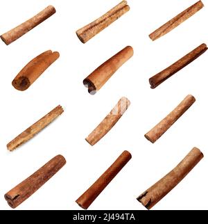 Lot de bâtonnets de cannelle 3d de couleur brune en rouleau forme isolée sur l'illustration vectorielle d'arrière-plan blanc Illustration de Vecteur