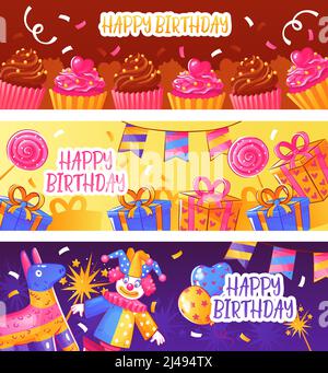 Fête d'anniversaire 3 bannières horizontales colorées avec décorations de fête voeux gâteaux bonbons présente jouets illustration vectorielle isolée Illustration de Vecteur