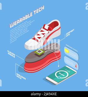 Gadgets de technologie wearable composition isométrique avec suivi des activités sport intelligent chaussures avec capteur de puce, illustration vectorielle de l'semelle intérieure Illustration de Vecteur