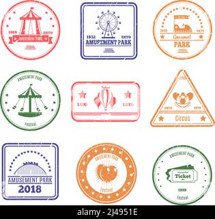 Parc d'attractions collection de timbres postaux isolés de différents couleur avec illustration vectorielle des images d'attraction et de cirque Illustration de Vecteur
