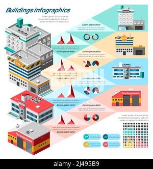 Ensemble d'infographies de bâtiments avec tableaux et caserne de pompiers isométriques illustration du vecteur scolaire Illustration de Vecteur