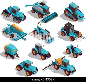 Icônes isométriques des machines agricoles définies avec tracteur et pulvérisateur isolés illustration vectorielle Illustration de Vecteur