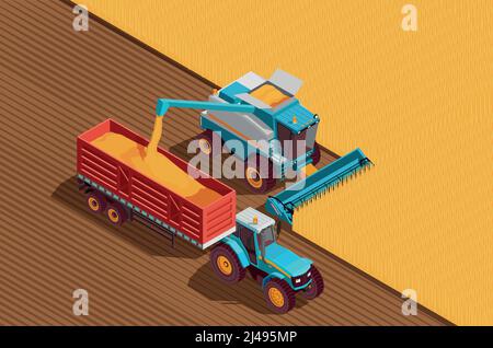 Arrière-plan isométrique des machines agricoles avec vecteur de symboles de grain et de récolte illustration Illustration de Vecteur