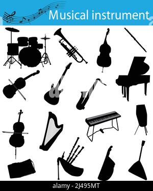 Collection de silhouettes d'instruments de musique : accordéon, cornemuse, violoncelle, violoncelle, tambour, flûte, guitare, synthétiseur, clavier, trompette, autres Illustration de Vecteur