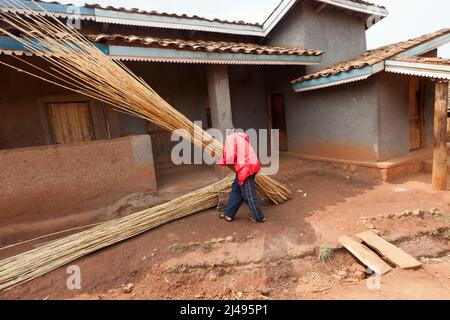 Thacien Kalinda, 24 ans, n à l'extérieur de ses boutiques dans le village. Sa famille s'est enfui au Congo en 1994 quand il avait 7 ans. Il était séparé de ses parents et de sept frères et sœurs qu'il n'a jamais vus depuis. Il était avec une tante qui l'a ramené à la maison 1996. Elle est morte lorsqu'il avait 18 ans au primaire en 6 et qu'il a abandonné l'école parce qu'il ne pouvait pas payer les frais d'école. Il a vécu comme un garçon de rue jusqu'à ce qu'il s'implique dans le programme. Grâce à ce projet, il a pu exploiter les terres dont il avait hérité de son père, rembourser 300 000 francs pour les biens pillés par son parent Banque D'Images