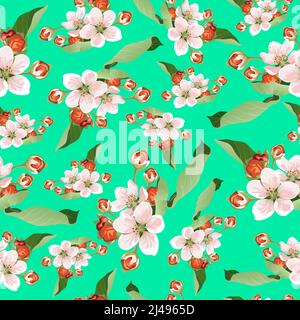 Motif vectoriel sans couture fleur de fond d'arbre de pomme rose fleurs de pomme sur un fond vert Illustration de Vecteur