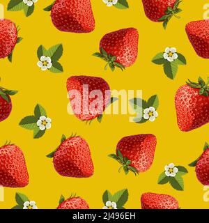 Motif de fruits vectoriels sans couture fraise rouge mûre sur fond jaune Illustration de Vecteur