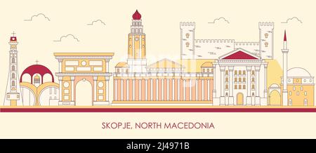 Caricature Panorama par Skyline de la ville de Skopje, Macédoine du Nord - illustration vectorielle Illustration de Vecteur