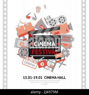 Affiche du festival de cinéma avec vecteur de cinéma et d'équipement de divertissement illustration Illustration de Vecteur