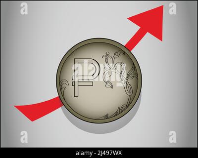 illustration d'une pièce de monnaie rouble russe près de la flèche rouge sur une image grise Illustration de Vecteur