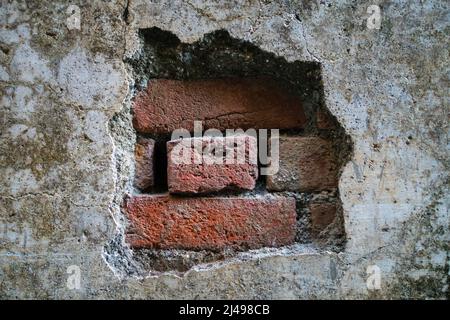 Gros plan d'un mur en béton endommagé avec des briques exposées. Banque D'Images