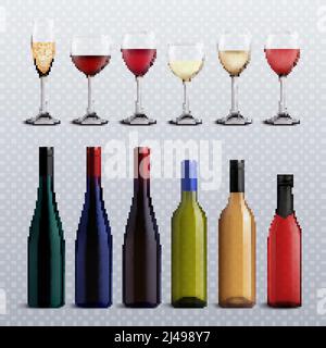 Bouteilles de vin et verres remplis de différentes variétés de vin sur fond transparent, définissez une illustration vectorielle réaliste Illustration de Vecteur