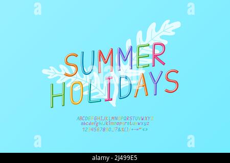Bande dessinée été vacances d'été avec feuilles tropicales sur fond bleu et police italique multicolore. Illustration de Vecteur