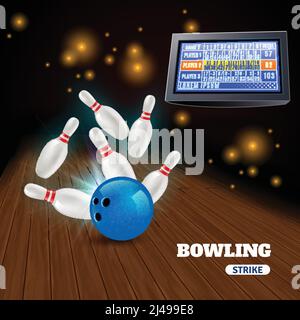 Composition en 3d de Bowling Strike avec une balle bleue sur les épingles et les résultats sur l'illustration vectorielle du tableau de scores Illustration de Vecteur