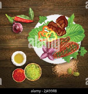 Steaks grillés au barbecue servis avec divers condiments et sauce aux herbes sur une table en bois, illustration vectorielle réaliste Illustration de Vecteur