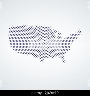 Carte USA centrée sur le cercle demi-ton. Carte géographique vectorielle sur fond blanc. Mosaïque vectorielle des Etats-Unis carte créée de pixels sphériques. Illustration de Vecteur