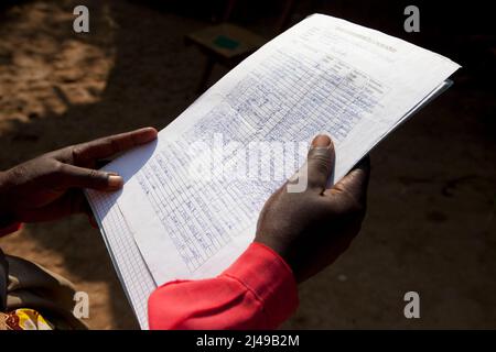 Zainab Nyirazirwanda, 45 ans, veuve dont le mari est décédé en 1994. Elle a deux enfants, Shadia Nzayisenga, fille de 20 ans, et son fils Issa Tuzimana de 17 ans, et son petit-fils de Maniraguha de 2 ans. Avant le programme, son agriculture a produit très peu. Maintenant, elle a acheté une vache, des poulets, des chèvres à partir des recettes de son élevage. Elle a acheté des terres pour cultiver du maïs et elle vend du sel et de l'huile de palme sur le marché. Elle a acheté un téléphone cellulaire et envoie son fils à l'école secondaire. Photo de Mike Goldwater Banque D'Images