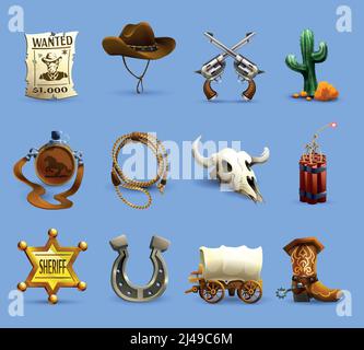 Icônes de l'Ouest sauvage réalistes avec chapeau de cowboy dynamite et illustration vectorielle isolée cactus sur fond bleu Illustration de Vecteur