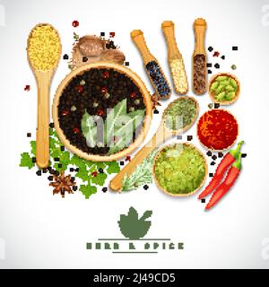 Affiche de différentes herbes de cuisson et épices dans un plat en bois sur fond blanc, illustration vectorielle réaliste Illustration de Vecteur