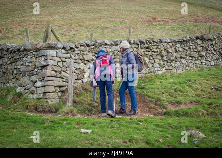 04.08.2022 Dufton, Westmorland, Royaume-Uni. Deux femmes dans un pantalon bleu lisent un panneau sur le sentier Pennine Bridleway au-dessus de Dufton Banque D'Images