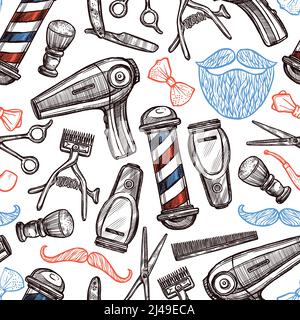 Magasin de coiffure outils accessoires et symboles sans couture motif en rouge illustration vectorielle abstraite blue black doodle Illustration de Vecteur