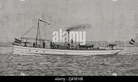 Guerre hispano-américaine. Conflit de guerre entre l'Espagne et les États-Unis en 1898, résultat de l'intervention nord-américaine dans la guerre d'indépendance cubaine. 43 tonnes de barque de troisième classe 'Ligera', qui a vaincu le torpille américain 'Cushing' dans les eaux de Cárdenas (Cuba). Gravure. La Ilustración Española y Americana, 1898. Banque D'Images