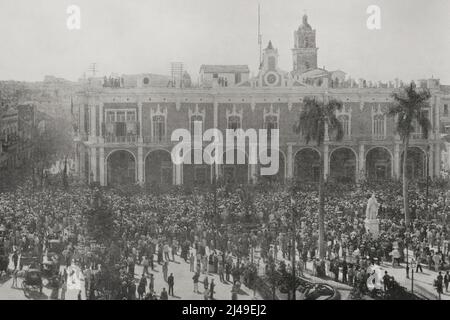 Guerre hispano-américaine (1898). Cuba. La Havane. "Une manifestation patriotique devant le Captaincy général, contre les institutions politiques américaines". Photogravure. La Ilustración Española y Americana, 1898. Banque D'Images