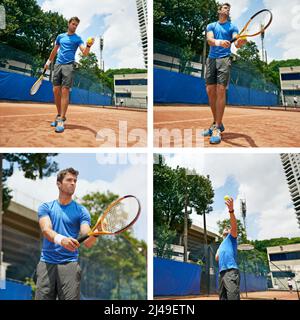 Servir dans l'ordre. Image composite d'un homme jouant au tennis. Banque D'Images