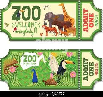 Billets pour le zoo coloré avec plantes tropicales, oiseaux exotiques et africains illustration du vecteur plat animaux Illustration de Vecteur