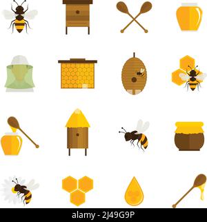 Abeille icônes ensemble plat avec des éléments de l'agriculture apicole alimentaire illustration vectorielle isolée Illustration de Vecteur