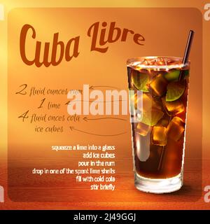 Cuba libre recette de cocktail avec boisson dans le verre avec boisson illustration vectorielle paille sur fond marron Illustration de Vecteur