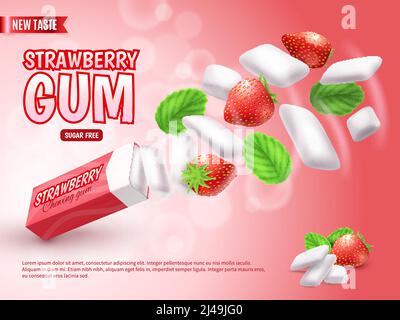 Chewing-gum aux feuilles de fraise et de vert sur rouge flou dégradé de fond de la composition publicitaire illustration réaliste de vecteur Illustration de Vecteur