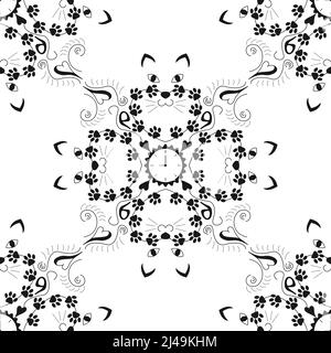 Des têtes de chat originales autour d'une horloge, avec des pattes de chat. Neuf heures, neuf vies. Motif sans couture. Arrière-plan transparent. Illustration vectorielle. Illustration de Vecteur