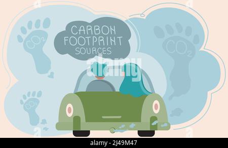 Concept d'empreinte carbone avec couple sur la voiture, l'échappement, la pollution des gaz. Les sources polluaient le monde. Problème mondial avec les grandes émissions CO2. Vecteur vert Illustration de Vecteur