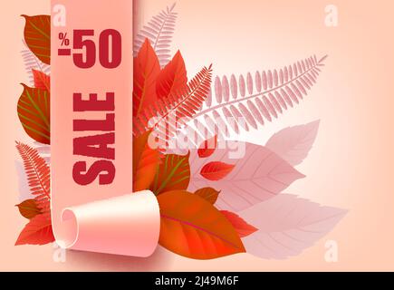 Vente, moins cinquante pour cent lettrage avec feuilles d'automne. Offre ou vente saisonnière design publicitaire. Texte tapé, calligraphie. Pour les dépliants, les brochures, je Illustration de Vecteur
